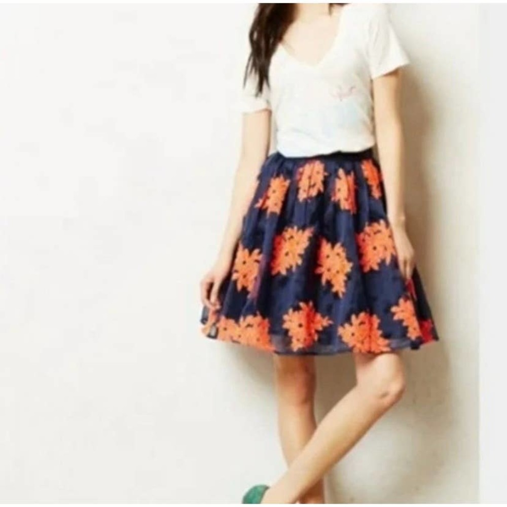 Anthropologie Navy and Orange Floral Mini Skirt